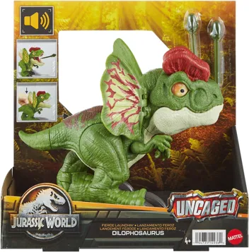 Jurassic World Toys Dinosaur Toy, Uncaged Fierce Launchin Dilophosaurus Figure with Dart Style Shooting Action