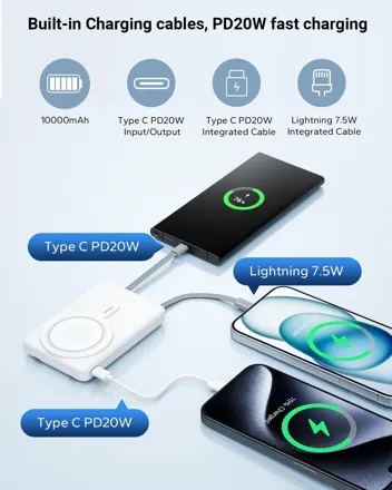 Eazpower 10,000 mAh Magsafe Battery Pack with Built-in USB C and Lightning Cables