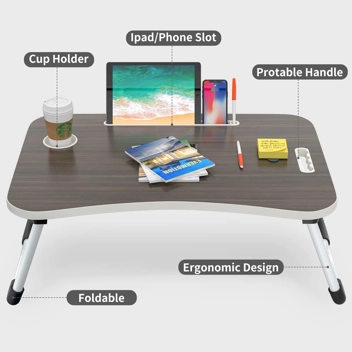 BUYIFY Folding Lap Desk, 23.6 Inch Portable Wood Black Laptop Bed Desk Lap Desk with Cup Holder