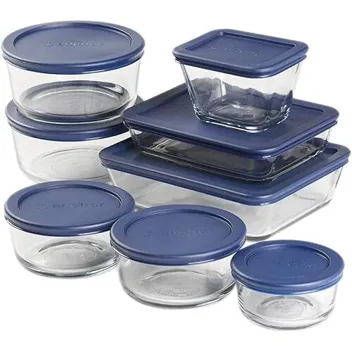 16 Piece Glass Storage Containers with Lids (8 Glass Food Storage Containers & 8 Navy Blue SnugFit Lids)