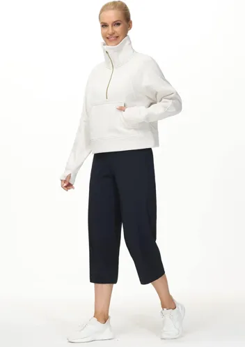 ' Half Zip Fleece Stand Collar Crop Sweatshirt (Various Colors)