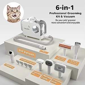 Fabulett 6 in 1 Dog Grooming Kit with suction and cannister collection multiple brushing and trimming attachments