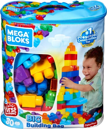 MEGA BLOKS Building Bag with 80 Pieces and Storage Bag, Blue