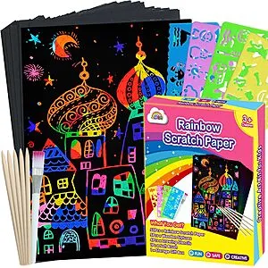 ZMLM Scratch Paper Art Set, 60 Pcs Rainbow Magic Scratch Paper for Kids Black Scratch Off Art Crafts Kits Notes with 5 Wooden Stylus for Boys Toy