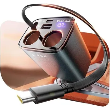 Lisen 5-in-1 140W 2-Cigarette Lighter Splitter & 2-USB Aluminum Car Charger with Retractable USB-C Cable