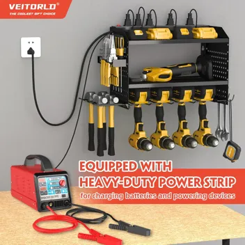 Veitorld 3-Shelf 4-Drill Holder Power Tool Wall Organizer with Outlet