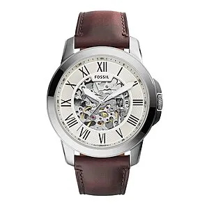 Grant Automatic Stainless Steel and Leather Three-Hand Watch, Color: Silver, Brown (Model: ME3099)