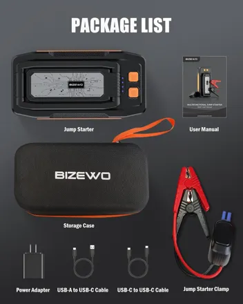 Bizewo 2000A Peak Car Jump Starter w/ Foldable LED Light (Up to 8L Gas or 6L Diesel)