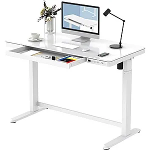 48" Electric Glass Standing Desk with Drawer & Quick Install w/ USB Charge Ports (White)