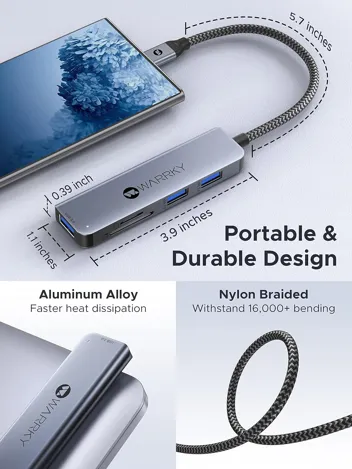 5-in-1 Aluminum USB-C Hub with Card Readers, 3x USB-A Ports