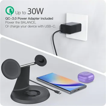 Zechin Balance 3-in-1 Magnetic Wireless Charging Station w/ 30W QC 3.0 Adapter (iPhone