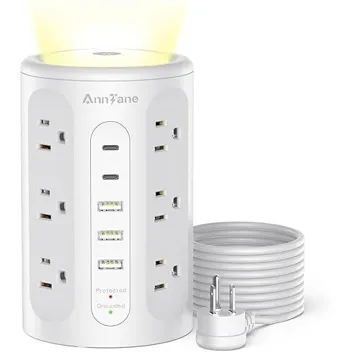 AnneTane 12-Outlet 5-USB Port Power StripTower Surge Protector with Night Light, 10ft Cord