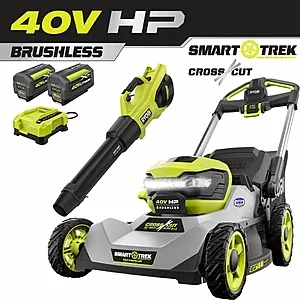 RYOBI 40V Brushless 21 in. Battery Walk Behind Dual-Blade Self-Propelled Mower & 190mph Whisper Series Blower w/2 Batteries & Charger