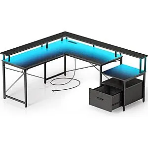 Rolanstar Computer Desk with File Drawer, 68" L Shaped Computer Corner Desk with Power Outlet & LED Strip