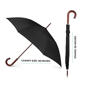 Totes Auto Open Wooden Handle J Stick Umbrella, Black