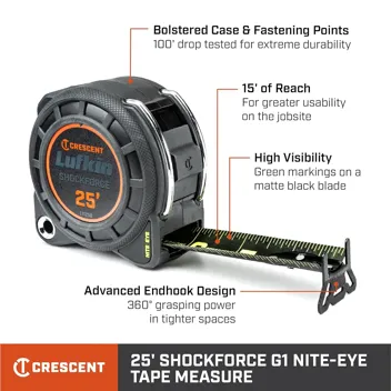 Lufkin 1-3/16" x 25' Shockforce Nite Eye G1 Dual Sided Tape Measure : Sports & Outdoors