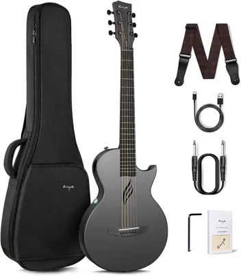 Enya Nova Go Mini Carbon Fiber Acoustic Guitar 1/4 Size Travel Acustica Guitarra w/Beginner Kids Starter Bundle Kit of Thickened Gig Bag, Adjusting Wrench(Black)