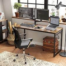 Computer Desk, 55-Inch Writing Desk, Office Desk with 8 hooks, Wood top with Steel Frame