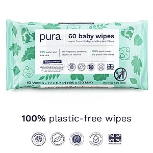 Pura Baby Wipes 100% Plastic-Free & Plant Based Wipes, 99% Water, Suitable for Sensitive & Eczema-prone Skin, Fragrance Free & Hypoallergenic, 3 x 60 per pack, (180 Wipes)