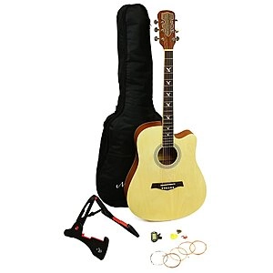 RockJam Premium Acoustic Guitar Kit, with Guitar Bag, Guitar Tuner, Guitar Stand, Plectrums & Spare Strings - Natural