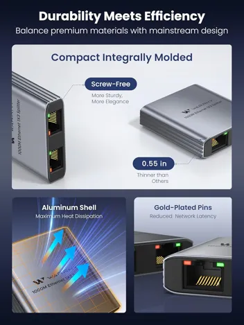 RJ45 1-to-2 Ultraslim Gigabit Ethernet LAN Splitter (Aluminum Body)