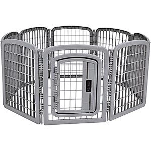 8-Panel Plastic Pet Pen Fence Enclosure w/ Gate (59" x 58" x 28"; Grey) & More