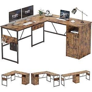 95" Bestier L Shaped Computer Rustic Home Office Desk w/ Storage Cabinet