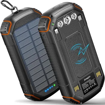 Jinepin 36000mAh Solar Power Bank w/ 3x Built-in Cables and Wireless Charging