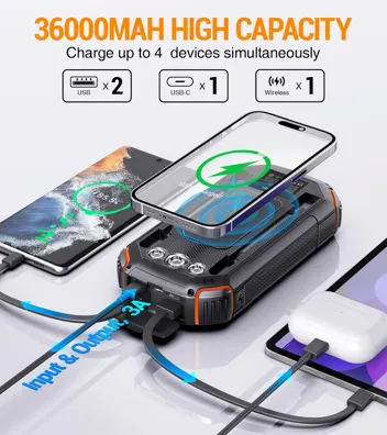 Jinepin 36000mAh Solar Power Bank w/ 3x Built-in Cables and Wireless Charging