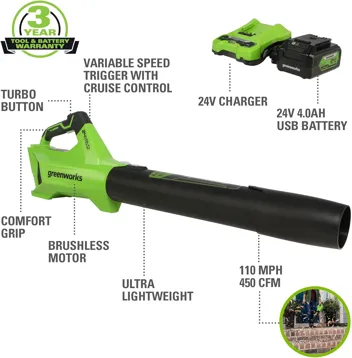 48V (2 x 24V) Greenworks Brushless Cordless Axial Blower w/ (2) 4.0Ah USB Batteries & Dual Port Rapid Charger