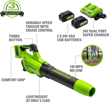 48V (2 x 24V) Greenworks Brushless Cordless Axial Blower w/ (2) 4.0Ah USB Batteries & Dual Port Rapid Charger