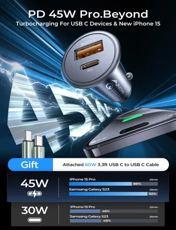 Ainope 67.5W USB-C Car Charger with 3.3ft Type-C Nylon Cable