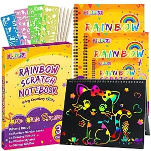 pigipigi Gifts for 3-12 Year Old Boys - Rainbow Scratch Off Notebooks Arts Crafts Supplies Set Color Drawing Paper Kit for Kids Birthday Game Party