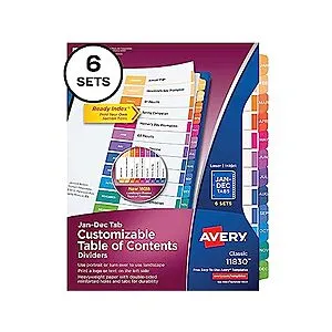 6-Sets Jan-Dec 12 Tab Dividers for 3 Ring Binders (11830)