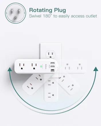 Addtam 6-Outlet 1800J Surge Protector Rotating Outlet Extender w/ 3x USB Ports