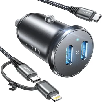 30W+30W 2-Port USB-C Car Charger Adapter w/ 3.3' USB-C to USB-C/Lightning Cable