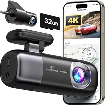Redtiger F9 4K WiFi Dash Camera with 1080p Rear Camera, 32GB Card