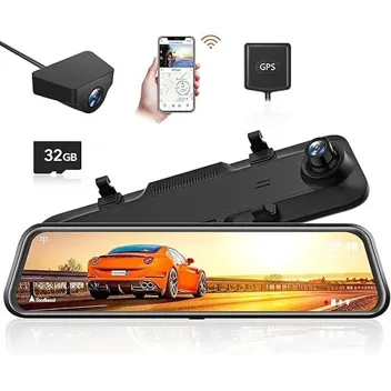 Wolfbox G840H 12" 2.5K WiFi GPS Mirror Dash Cam with 1080p Rear Cam, 32GB Card