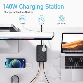 2-Outlet 6-USB Total 140W Charging Power Strip w/ 5ft Flat Extension Cord