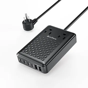2-Outlet 6-USB Total 140W Charging Power Strip w/ 5ft Flat Extension Cord