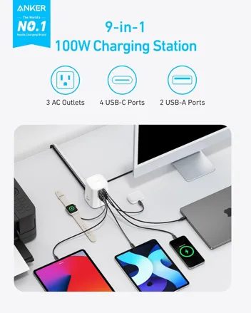 9-in-1 3 AC Outlets 100W Charging Station