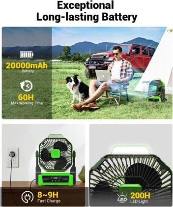 KopBeau 20000mAh Portable 3-Speed 2600 RPM Camping Fan with LED Lights and Backup Battery