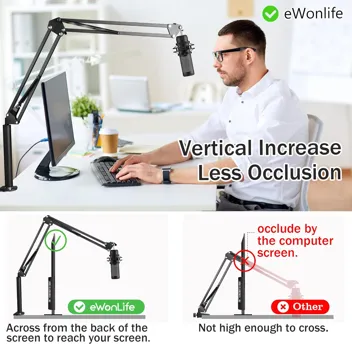 eWonLife Mic Boom Arm Stand, Overhead Microphone Arm Desk Mount with High Riser, Adjustable Suspension Boom Scissor Arm Stand with 3/8" to 5/8" Screw Adapter