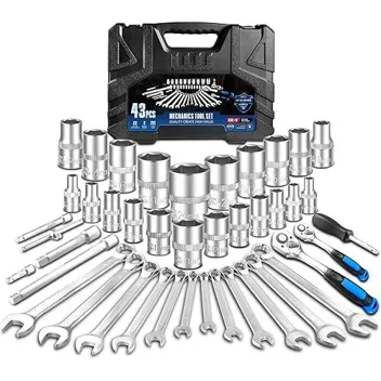 PGroup 43-Piece 1/2" & 1/4" Drive Metric Shallow Mechanic Tool Socket Set