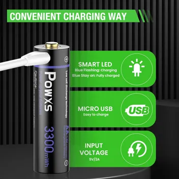 Powxs 2-in-1 AA 3300mWh Rechargeable Lithium Batteries with microUSB Charging