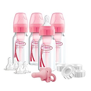 Dr. Brown’s Natural Flow Anti-Colic Options+ Narrow Breast to Bottle Pump & Store Feeding Set with Slow Flow Nipples, Baby Bottle Travel Caps and 100% Silicone Pink