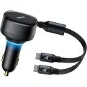 33W 2-in-1 USB-C Car Charger w/ 2x Retractable Type-C Cables