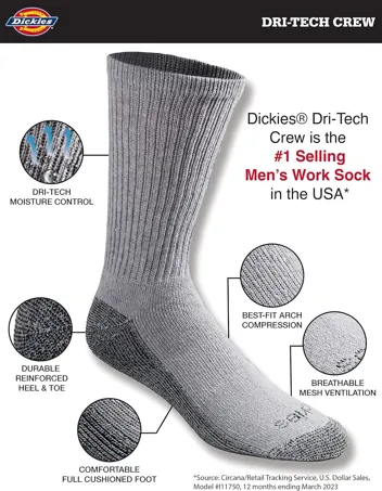 Dri-tech Moisture Control Crew Socks, Black (6 Pairs), or less