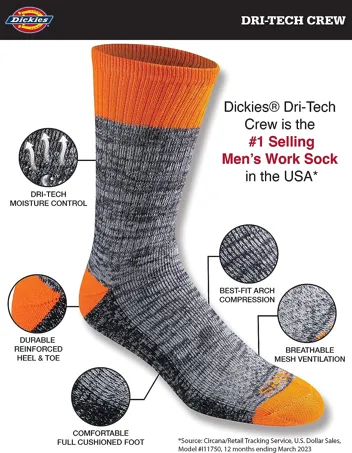 Dri-tech Moisture Control Crew Socks, Black (6 Pairs), or less