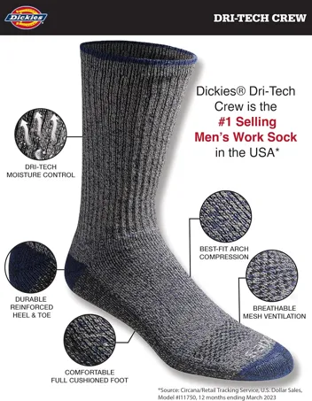 Dri-tech Moisture Control Crew Socks, Black (6 Pairs), or less